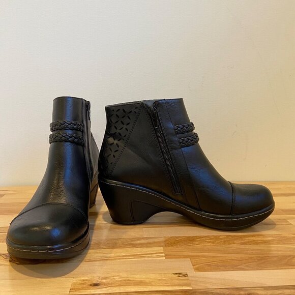 JBU Womens Black 7.5 Ankle Boot With Braided Strap Laser Cut Design wedges vegan - Picture 7 of 16